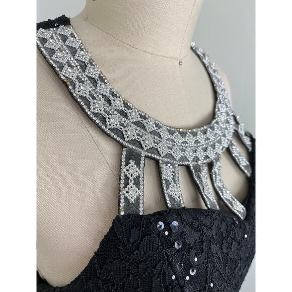 Vintage 90s Y2K Black Lace Maxi Dress Gown Medium Beaded Rhinestone Mermaid Hem - Picture 6 of 16